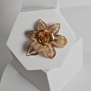 Vintage Gold Filled Filigree Flower Brooch | Retro Pin | Cottagecore Jewelry